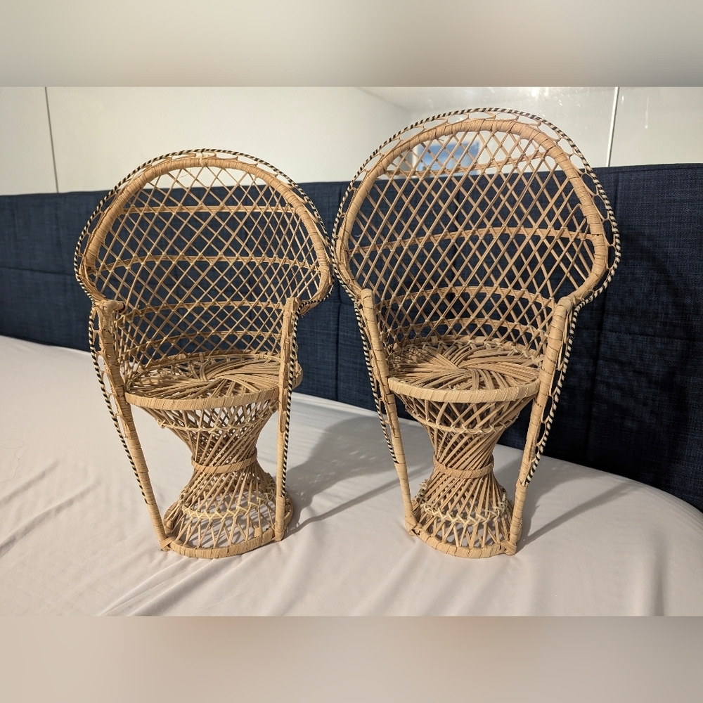 Set of Two Wicker Peacock Mini Chairs/Doll Chairs/ Plant Stands